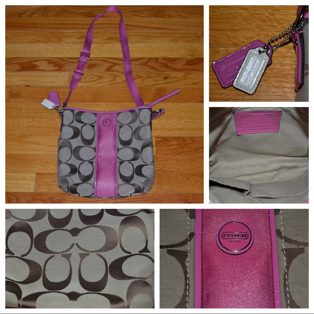 Coach signature logo brown and pink stripe handbag